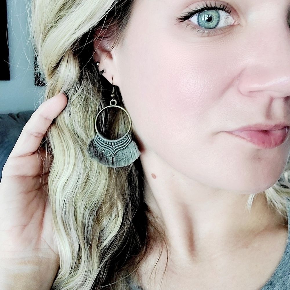 Boho Fringe Macrame Round Hoop Dangle Drop Earrings Handcrafted Antique Bronze